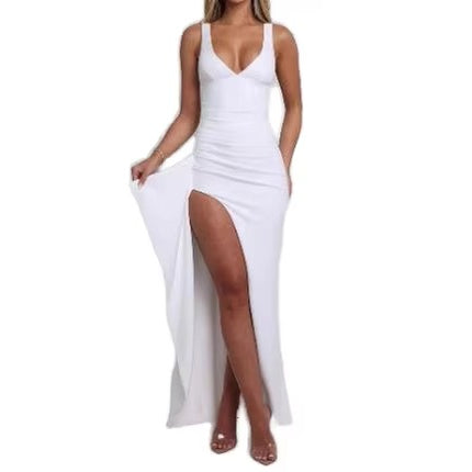 Women’s Deep V Knit Midi Dress with Side Slit Breathable Summer Fit