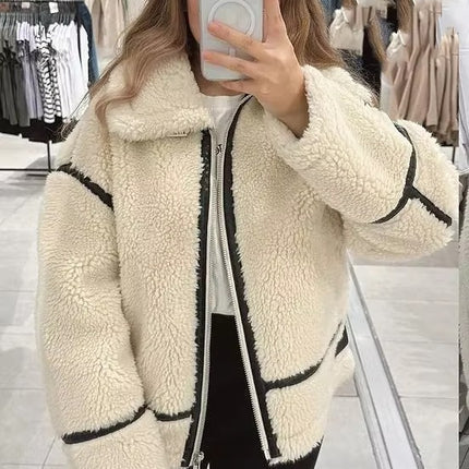 Women Faux Fur Biker Jacket Thick Warm Vintage Long Sleeve Winter Coat