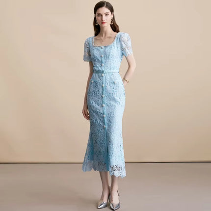 Chic Square Neck Lace Fishtail Evening Party Dress Women