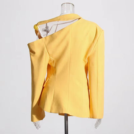 Women’s Off Shoulder Patchwork Blazer Lapel Button Long Sleeve Spring Style