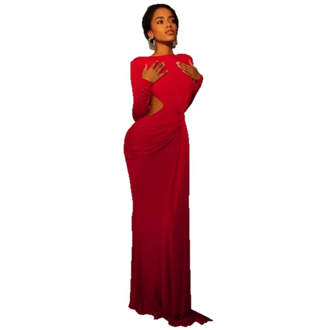 Elegant European American Women's Long Sleeve Slim Backless Floor-Length Dress