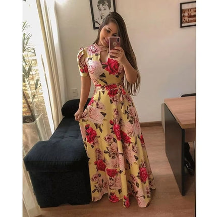 Elegant Floral Colorblock Maxi Dress Short Sleeves Flowing Hem Summer