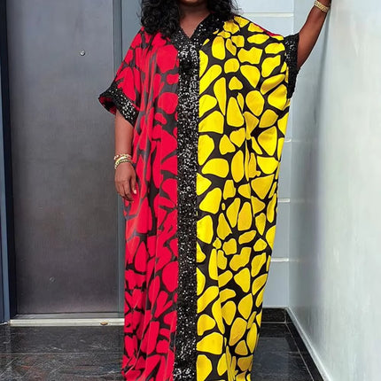 Traditional African Kaftan Dress for Women Satin Beaded Loose Plus Size