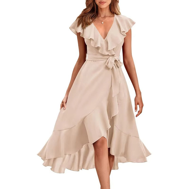 Women’s Summer V-Neck Lace-Up Midi Dress with Short Sleeves