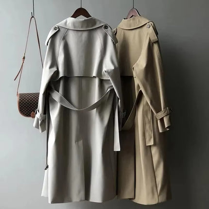 Khaki Long Trench Coat for Women Oversized Belted Double Breasted