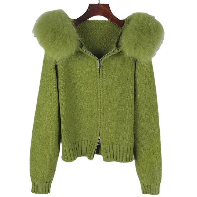 Women’s Hooded Fox Fur Knit Jacket Autumn Winter Casual Short Coat