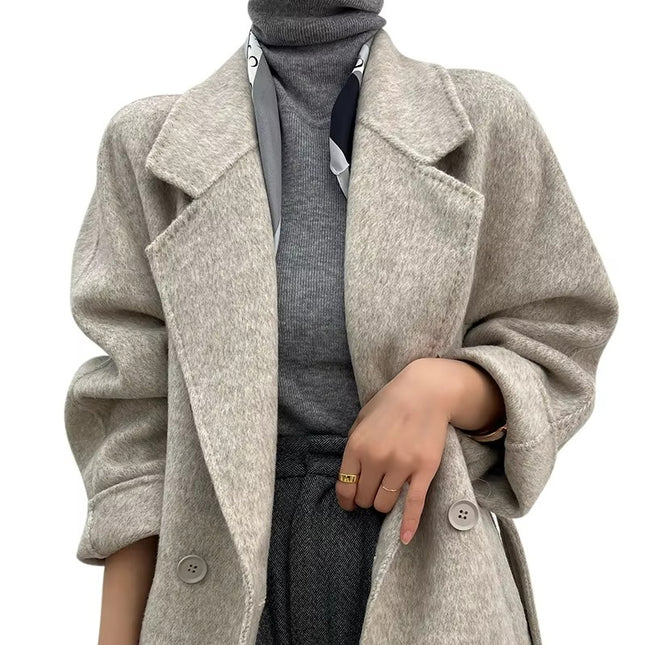 Women's Plus Size Long Wool Coat Lace-Up Loose Fit Autumn Winter