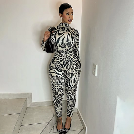 Leopard Print Women’s Long Sleeve Jumpsuit | Autumn High Neck Playsuit