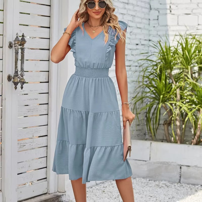 Summer V Neck Ruffled Waist Solid Color Elegant Women’s Dress