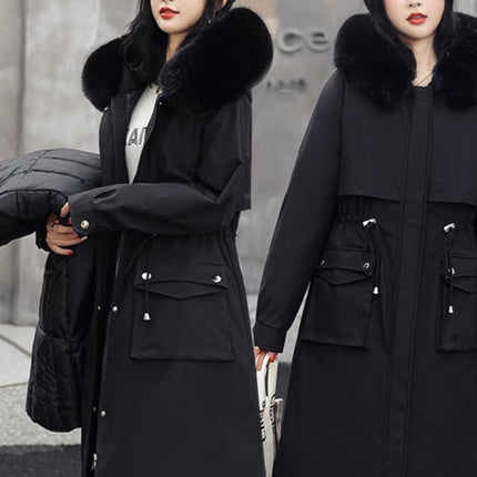 Women Winter Padded Quilted Coat with Fur Collar Hooded Mid Long Jacket