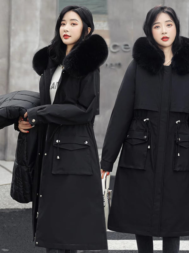 Women Winter Padded Quilted Coat with Fur Collar Hooded Mid Long Jacket