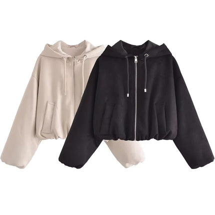 Women’s Hooded Zip Jacket Spring Autumn Solid Color Short Coat