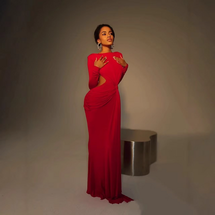 Elegant European American Women's Long Sleeve Slim Backless Floor-Length Dress