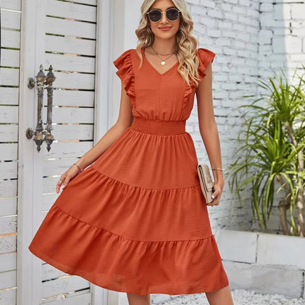 Summer V Neck Ruffled Waist Solid Color Elegant Women’s Dress