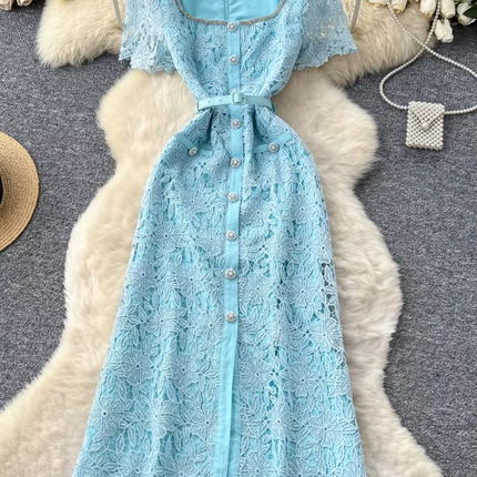 Chic Square Neck Lace Fishtail Evening Party Dress Women