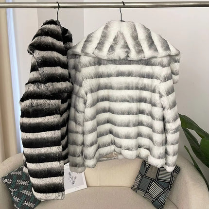 Women’s Chinchilla Fur Coat Thick Warm Rex Rabbit Fur with Big Collar