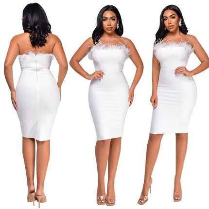 Strapless Feather Backless Slim Fit Evening Party Dress