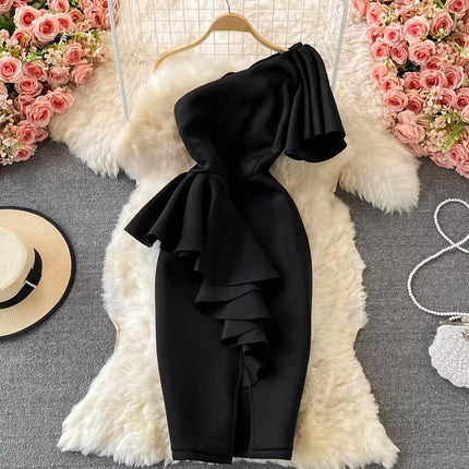 Elegant Off-Shoulder Slit Dress with Defined Waist for Evening & Events