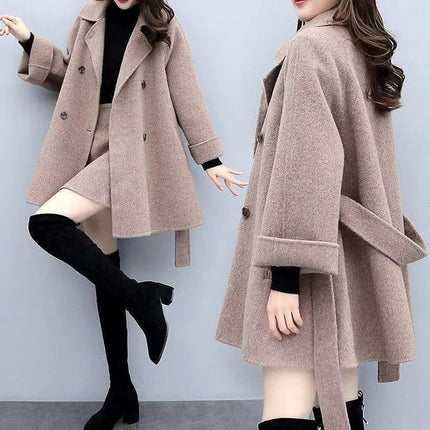 Autumn Winter Women Long Wool Coat Lapel Button A-Line Midi Warm Jacket