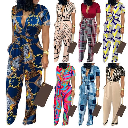 Plus Size Women Casual Wide Leg Jumpsuit Digital Print Loose Fit