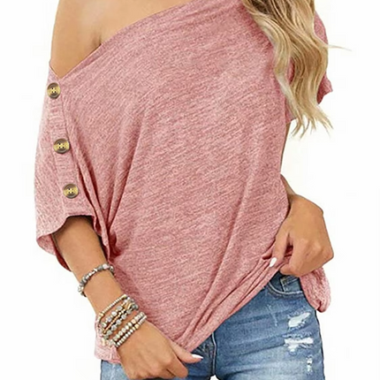 Women’s Off-Shoulder Button T-Shirt Loose Fit Short Sleeve Spring Top