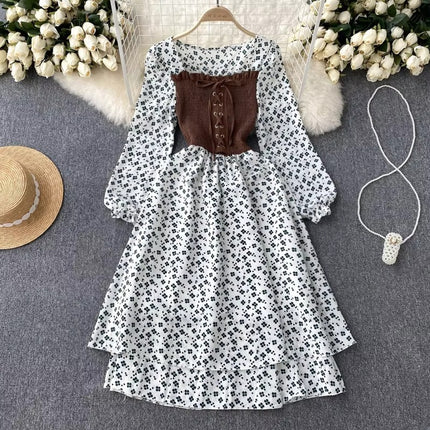 High Waist Floral Long Sleeve Dress for Women Elegant Autumn Style