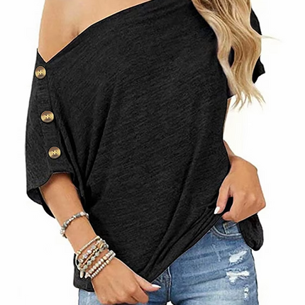 Women’s Off-Shoulder Button T-Shirt Loose Fit Short Sleeve Spring Top