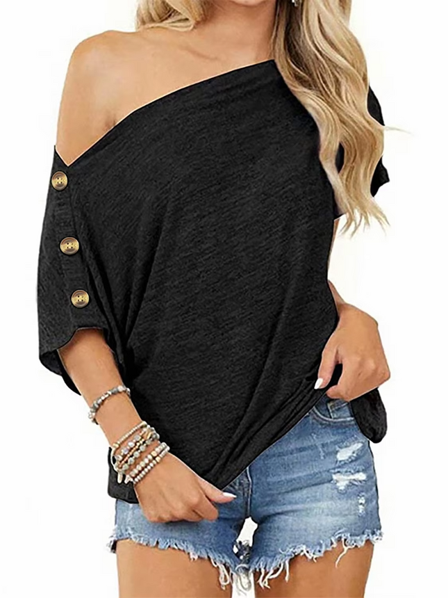 Women’s Off-Shoulder Button T-Shirt Loose Fit Short Sleeve Spring Top