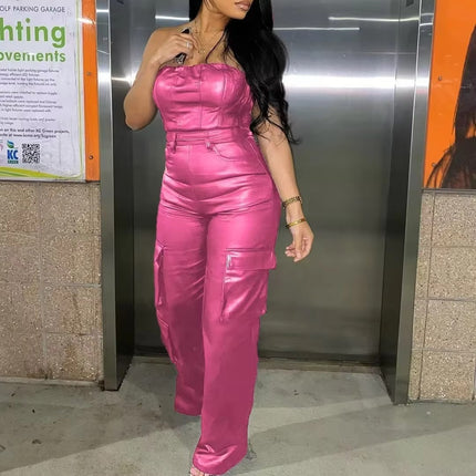 Off Shoulder PU Leather Jumpsuit High Waist Strapless Womens Outfit