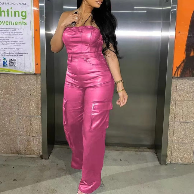 Off Shoulder PU Leather Jumpsuit High Waist Strapless Womens Outfit