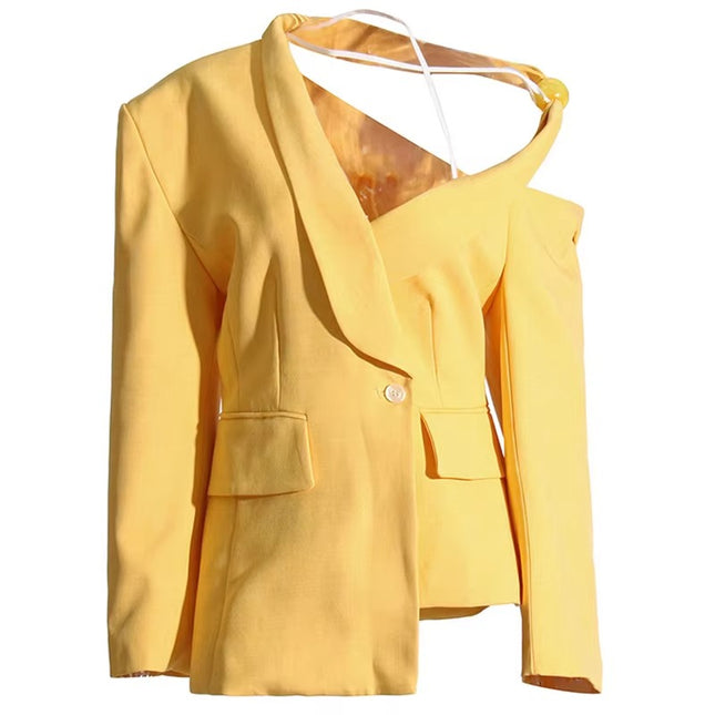 Women’s Off Shoulder Patchwork Blazer Lapel Button Long Sleeve Spring Style