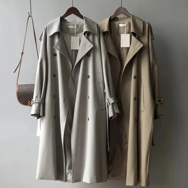 Khaki Long Trench Coat for Women Oversized Belted Double Breasted