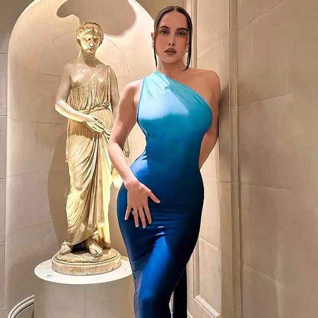 Women’s Summer One-Shoulder Gradient Dress Backless Halter Style