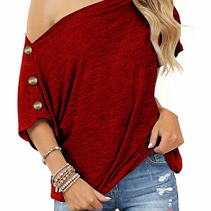 Women’s Off-Shoulder Button T-Shirt Loose Fit Short Sleeve Spring Top