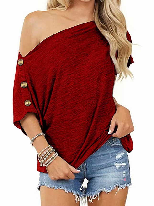 Women’s Off-Shoulder Button T-Shirt Loose Fit Short Sleeve Spring Top