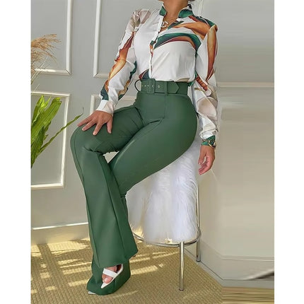 Spring 2 Piece Women’s Shirt and Wide Leg Pants Set Elegant Fit