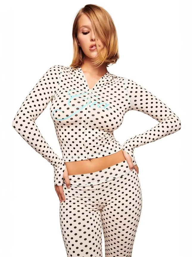 2025 Women’s Dot Print Two-Piece Long Sleeve Open Collar Casual Outfit