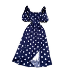 French Square Neck Summer Dress with Puff Sleeves and Slim Fit Slit