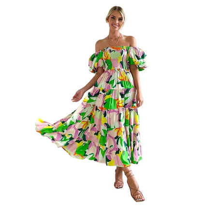 Women’s Slim Fit Backless Printed Summer Dress with One Line Collar