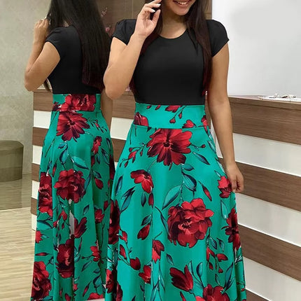 Summer Floral Colorblock Maxi Dress for Women with Short Sleeves