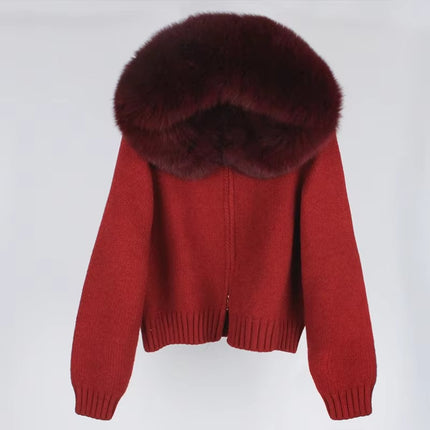 Women’s Hooded Fox Fur Knit Jacket Autumn Winter Casual Short Coat
