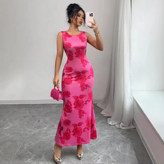 Women’s Floral Chiffon Maxi Dress Sleeveless Elegant Party Wear