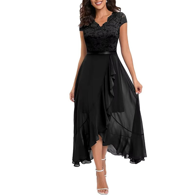 Elegant V Neck Lace Mesh Maxi Dress for Parties and Special Occasions