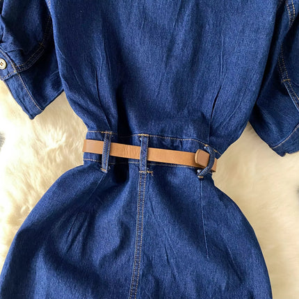 Women’s Polo Collar Denim Maxi Dress with Waist Split Summer Style