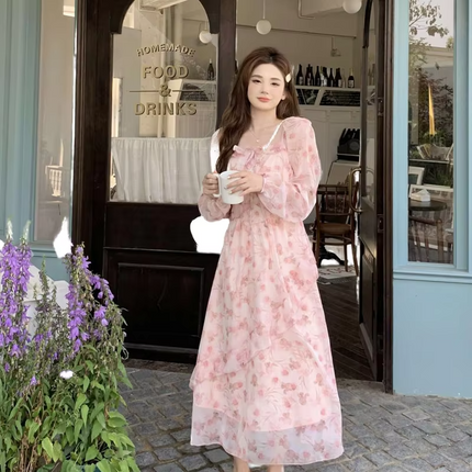 Summer Chiffon Square Neck Midi Dress Plus Size Flowy Waist Slim Fit