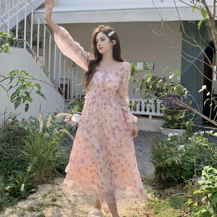 Summer Chiffon Square Neck Midi Dress Plus Size Flowy Waist Slim Fit