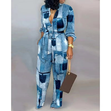 Plus Size Women Casual Wide Leg Jumpsuit Digital Print Loose Fit