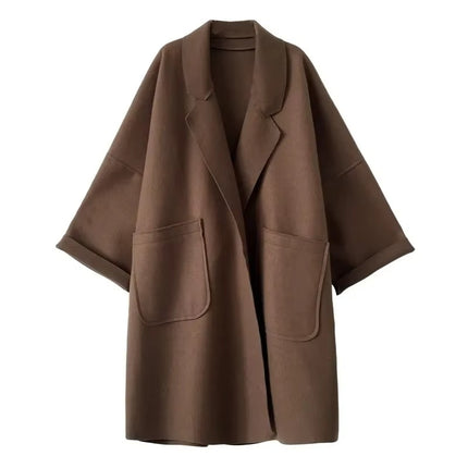 Women’s Elegant Wool Trench Coat Winter Vintage Long Windbreaker Jacket