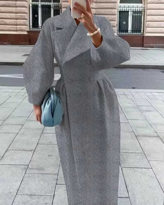 Women’s Wool Coat Vintage Long Overcoat with Lantern Sleeves for Winter