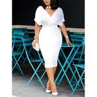 Elegant Solid Color V Neck Half Sleeve Dress with Back Zipper & Bead Detail